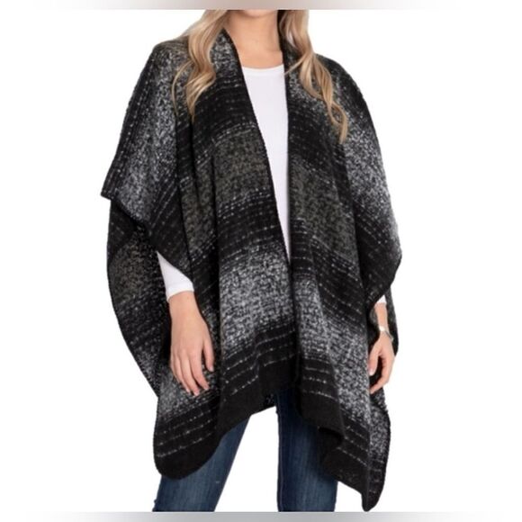 WOOLRICH STRIPED BLANKET WRAP/SHAW GRAY & BLACK *Perfect for Winter* ONE SIZE - Picture 6 of 8